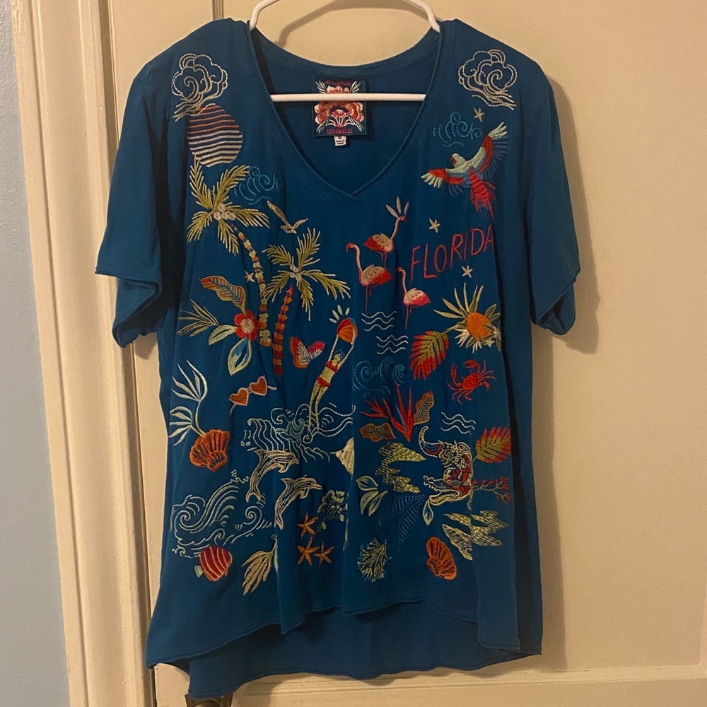 Johnny Was Teal V-Neck Short Sleeve Tee with Colorful Tropical Embroidery